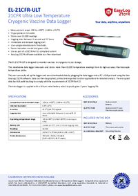 Thumbnail of document Data Sheet - EL-21CFR-ULT Compliant Ultra Low Temperature Cryogenic Vaccine Data Logger